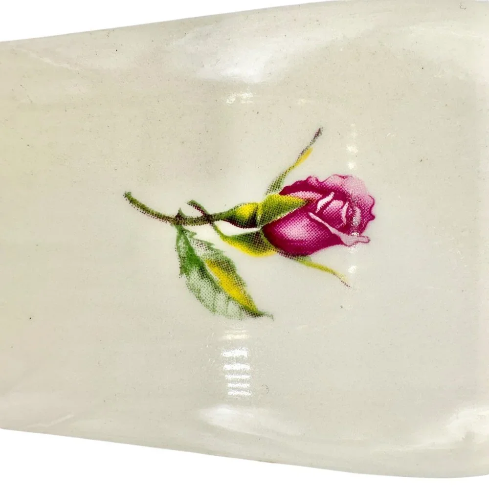 Vintage White Ceramic Cake Server With Pink Rose Design 9 inches Long